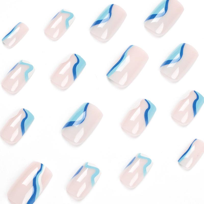 Wearable Wave Pattern Nail Tips - White & Blue, Medium-Long