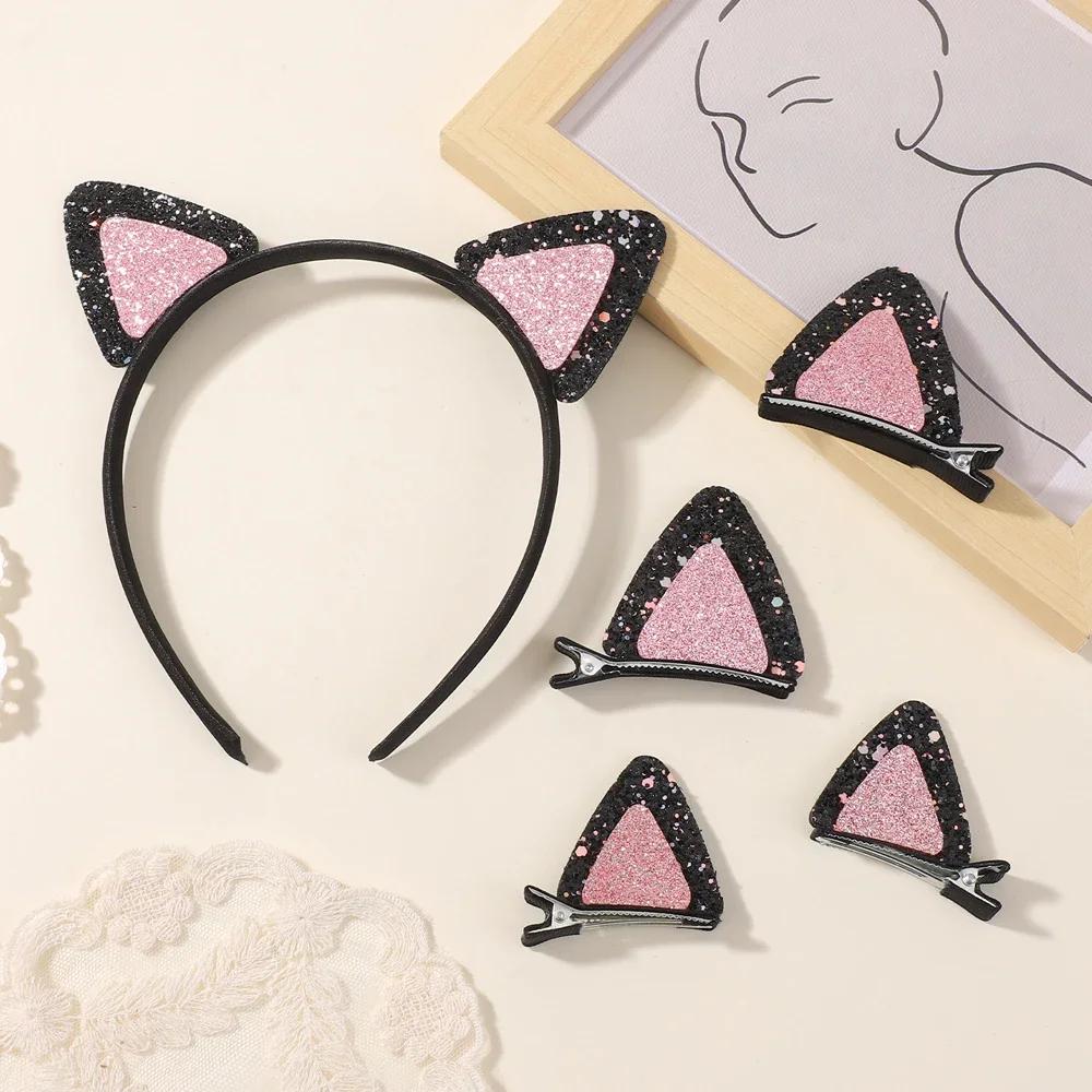 3pcs/set Cute Reversible Sequin Cat Ear Headband for Girls Lovely Anime Hair Clip Cartoon Headdress Cosplay Hair Accessories