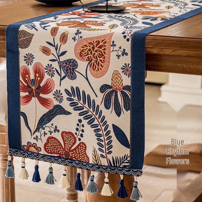Americký retro etnický žakárový běhoun na stůl s třásněmi