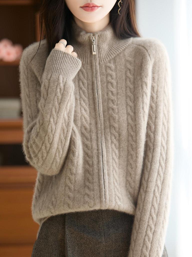 Women's Cable Knit Zipper Cardigan - High Collar, Twisted Pattern, Loose Fit, Versatile Knitwear