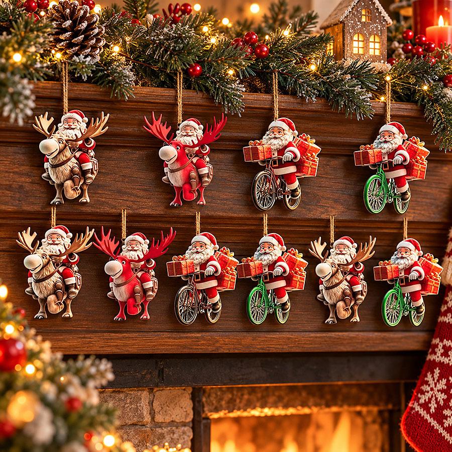 12pcs Santa Claus Wooden Hanging Ornaments, 2D Flat Christmas Tree Decor, Xmas Home Hanging Decoration Set