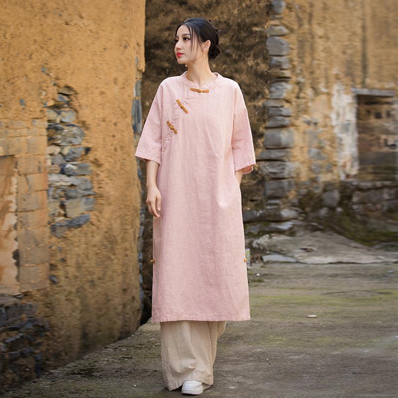 Johnature Women Vintage Dress O-Neck Half Sleeve Solid Color Cloths Summer Loose Button Chinese Style Dres