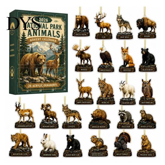 Fun Countdown to Christmas National Park Animal Arrival Calendar, 24 Days Acrylic Figures, Gift Ideas for Children 2D Flat Hanging Ornaments