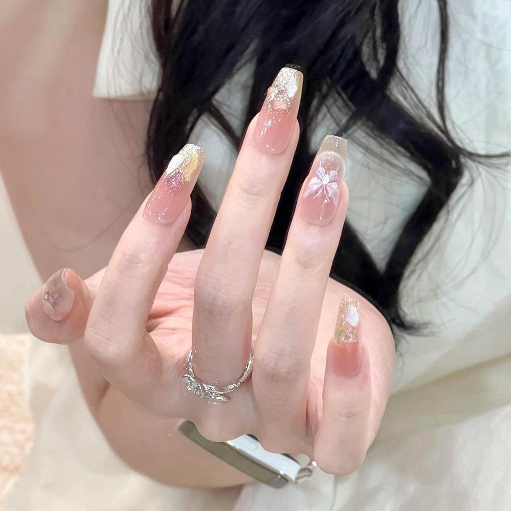 2026 Butterfly Rhinestone Nude Long Wearable Nails - Handmade, Translucent, Sparkling, Perfect for Weddings and Birthdays