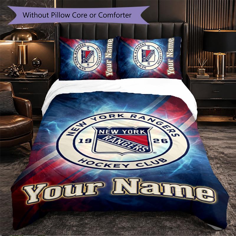 New York Rangers Customized Name Text Bedding Set, 1 Duvet Cover & 2 Pillowcases Personalized Bedroom Gift