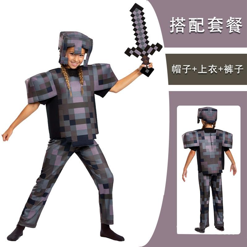 Kids Cosplay Diamond Armor Game Character Steve Cosplay Costumes 3 Pieces Set Blue Outfits Dress Up Set for Halloween