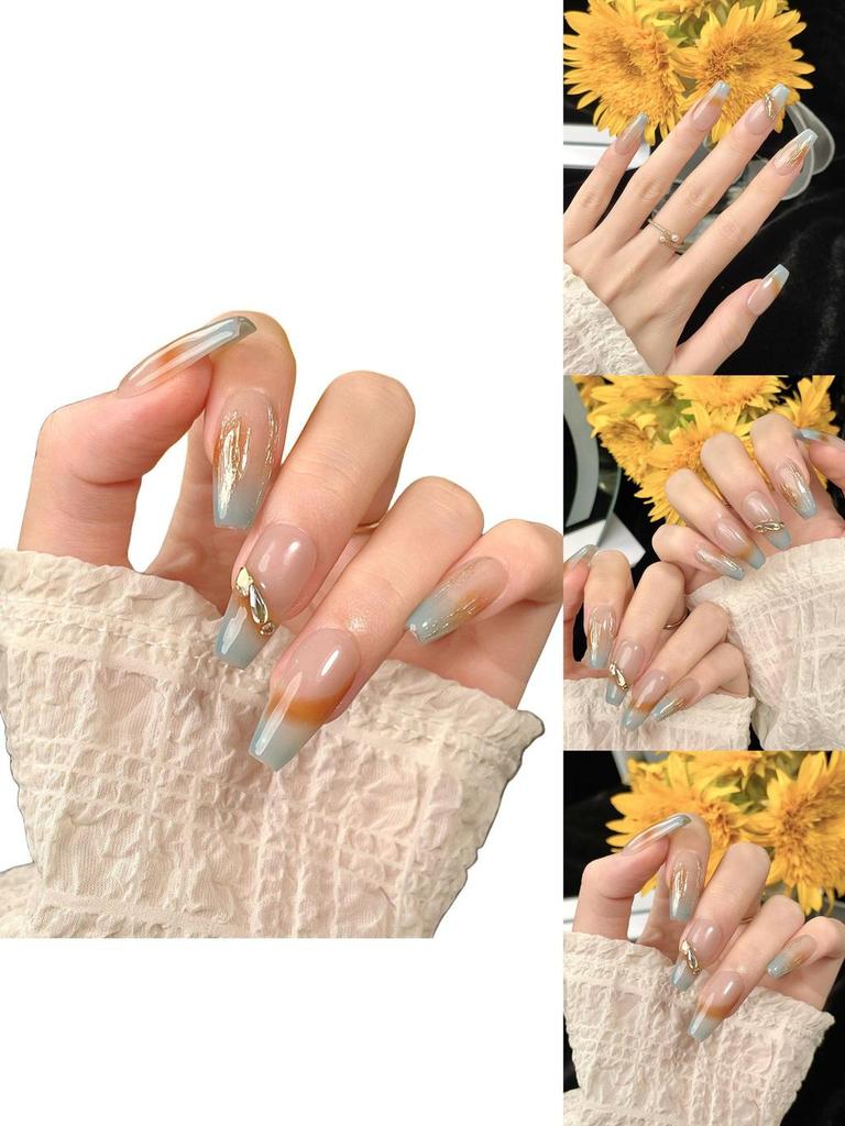 Handmade Ice Transparent Marble Patterned Nail Stickers For Women Long Style Removable Forest Mist Color