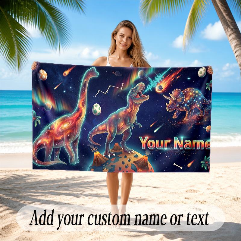 Dinosaur Theme Quick Dry Beach Towel Custom Name Text Print Large Sand Resistant Towel Beach Vacation
