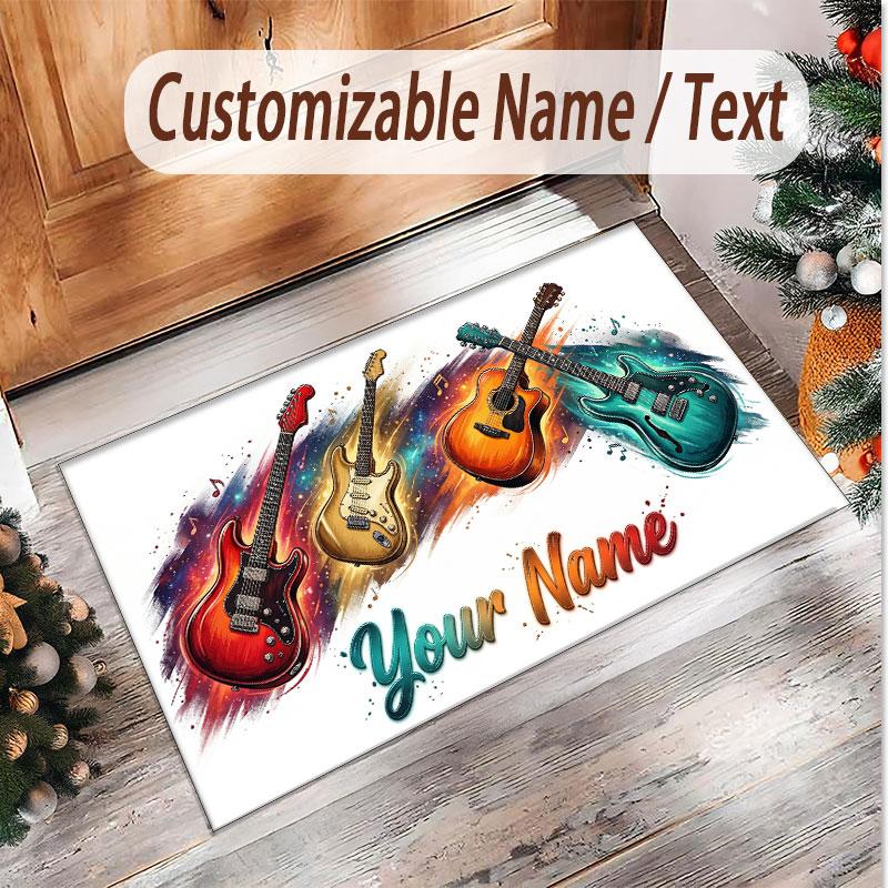 Music Guitar Theme Soft Crystal Velvet Rug Custom Name & Text Print Non Slip Floor Rug for Bedroom Living Room