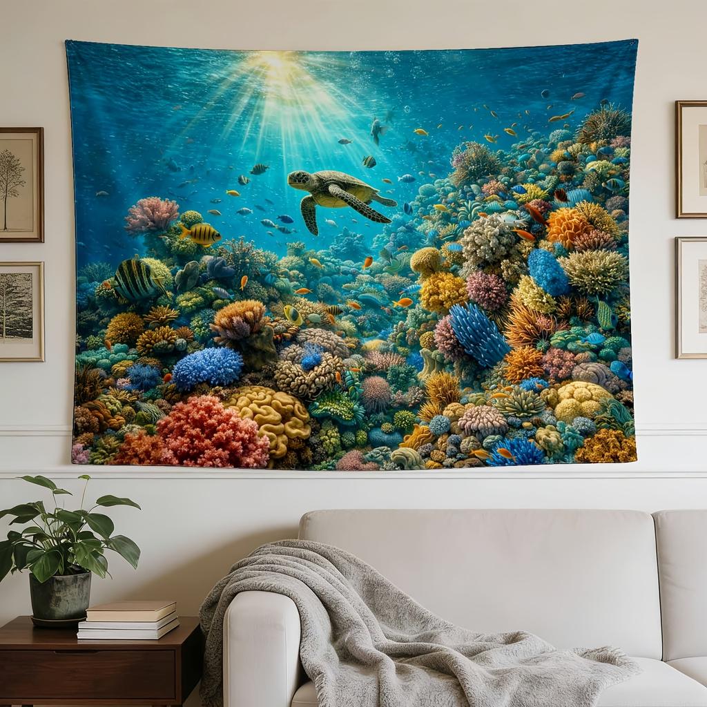 Horizontal Underwater Coral Reef Tapestry Wall Hanging - Suitable for Decor, Dorm Room,, Ocean-Themed Marine Life with Coral Garden Print, Fabric Deco