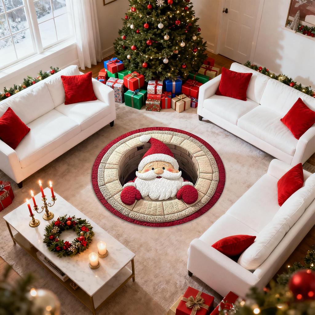 Tapis de Noël 3D 39 pouces Rond Père Noël Lavable Tapis de Porte Illusion d'Optique Tapis de Zone pour Intérieur Salle de Bain Entrée Maison