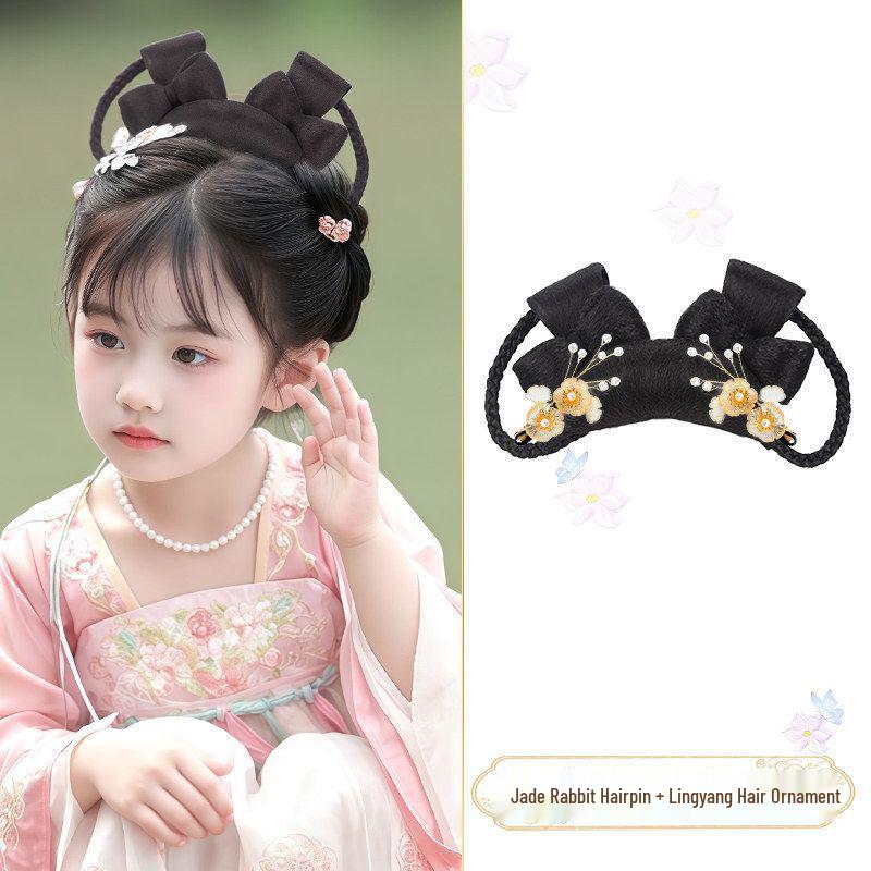 Jade Rabbit Hanfu Wig: Children's Ancient Style Tang Dynasty Updo with Hair Padding and Bun Headdress