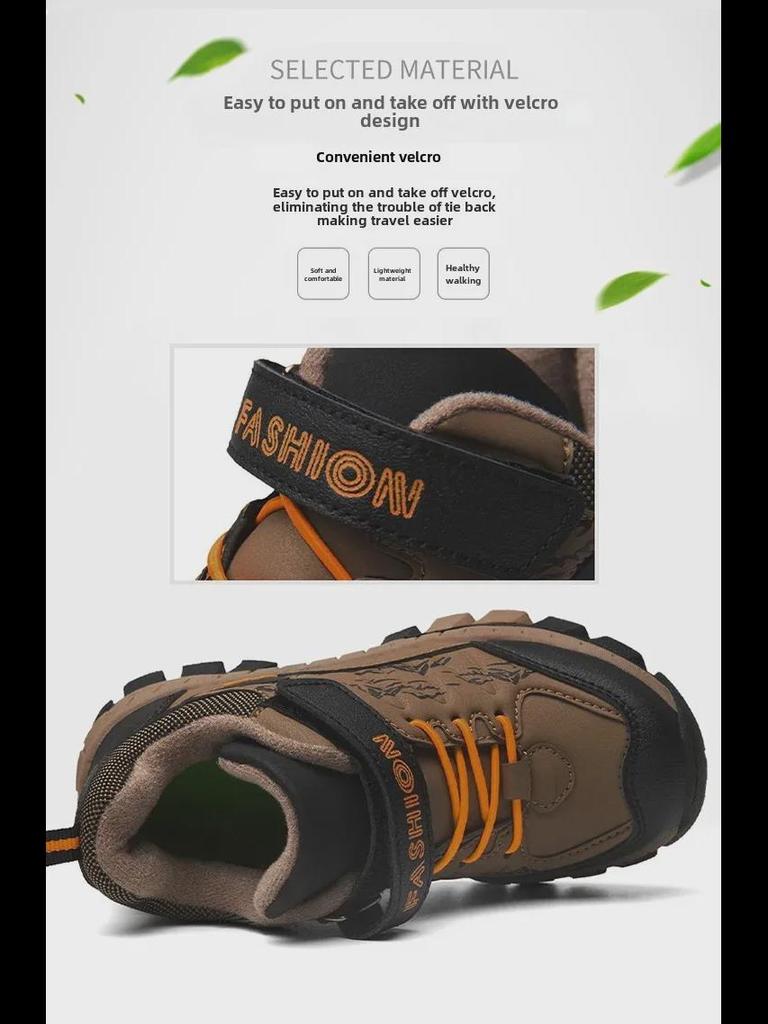 Зимние нескользящие хлопковые сапоги для мальчиков - теплые, с бархатной подкладкой, с толстой кожаной поверхностью