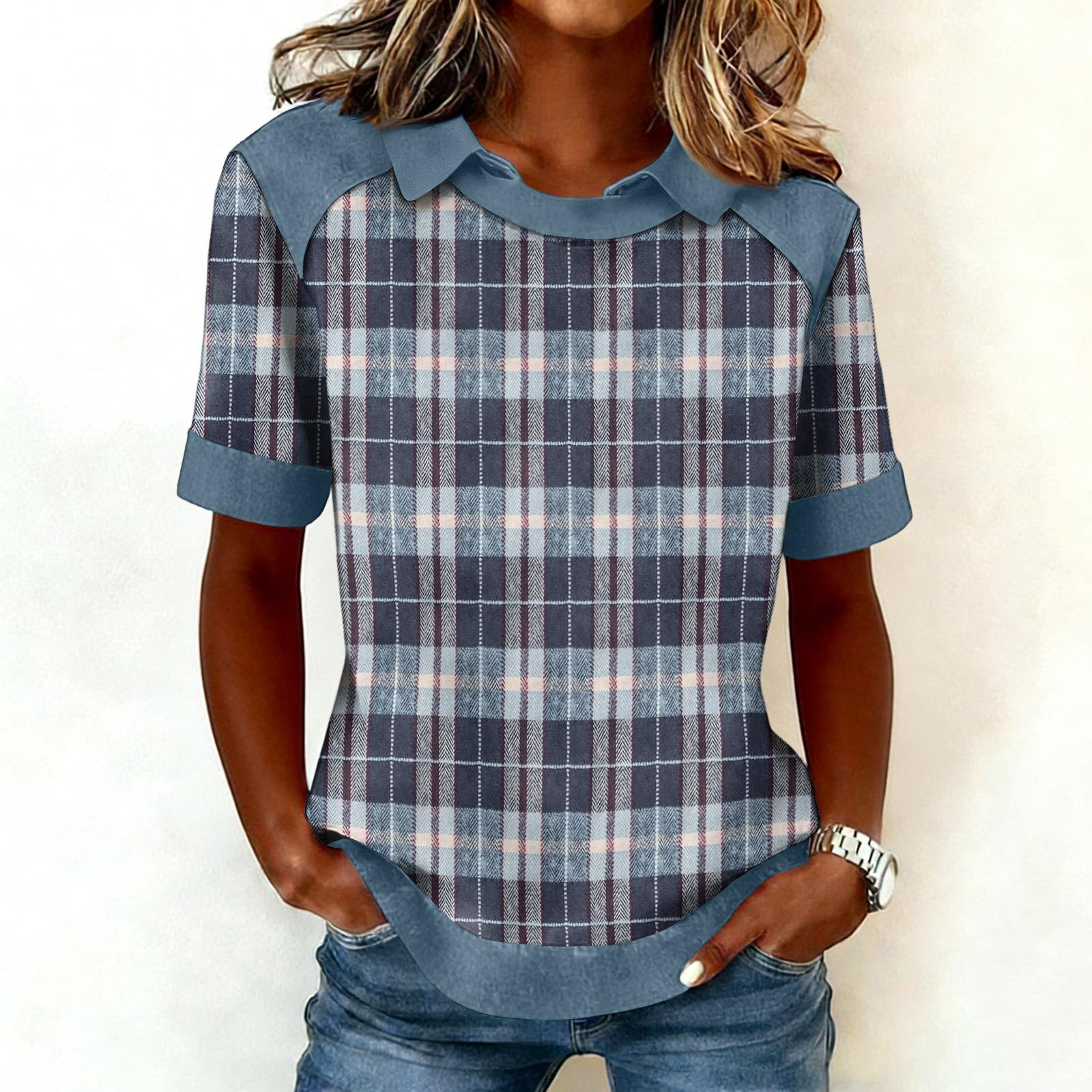 

Женская модная ковбойская толстовка с воротником и вставками, повседневная толстовка с принтом, рубашка с коротким рукавом, топ XXXL тёмно-синий