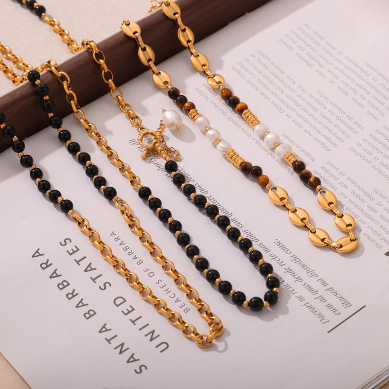 Meier Vintage court style titanium steel gold-plated beaded necklace with natural tiger's eye and freshwater pearls