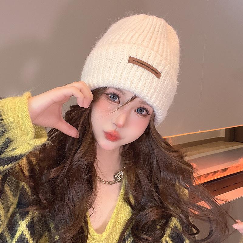 New Autumn and Winter Hats for Women Fashion Versatile Knitted Hat Letters Long Label Warm Wool Bag Head Hat Casual Pile Hat