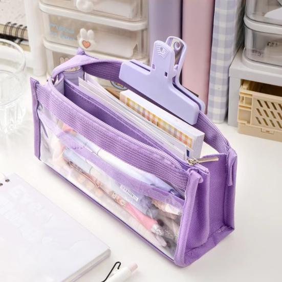 Estojo de Lápis de Malha Transparente para Alunos do Ensino Médio Grande Capacidade Bolsa de Lápis Multicamada com Compartimentos de Malha