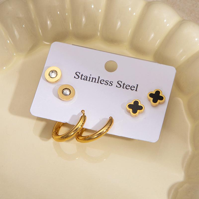 Elegant Four-Leaf Clover & Heart Earrings with Butterfly Detail, Titanium Steel Hoops - Non-Fading, Fashionable Summer Accessory