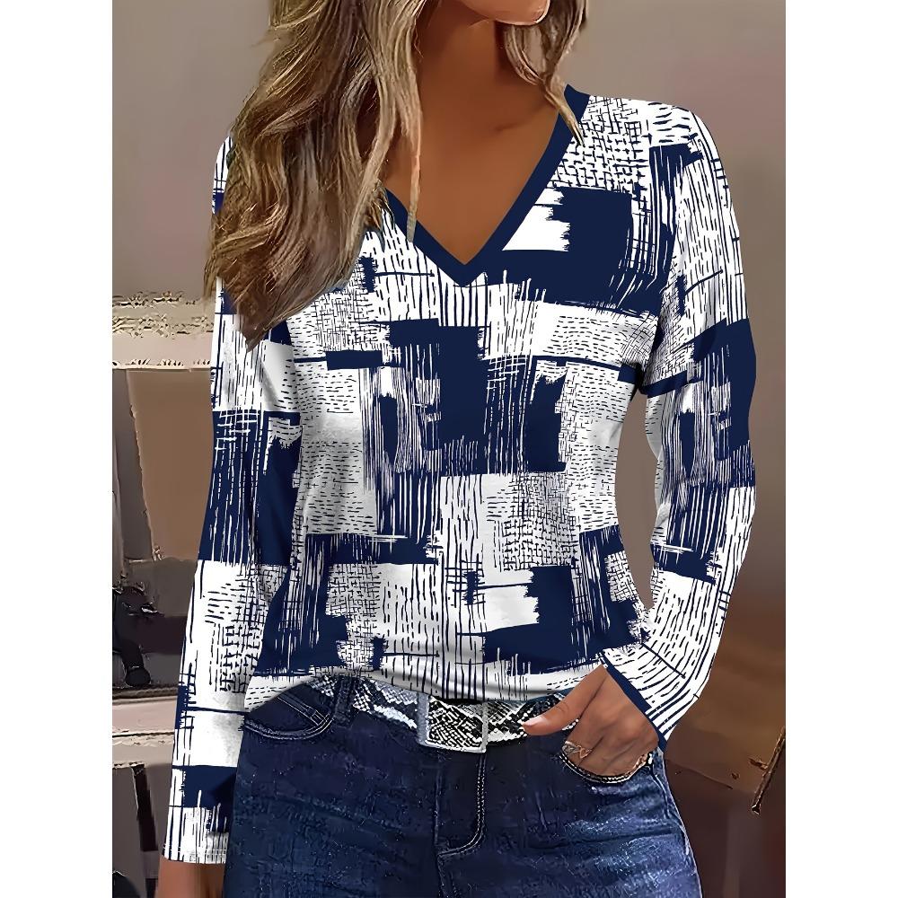 Abstract Painting Geometric Plaid V-neck Long-sleeved T-shirt, Casual Daily Long-sleeved Sports New Top