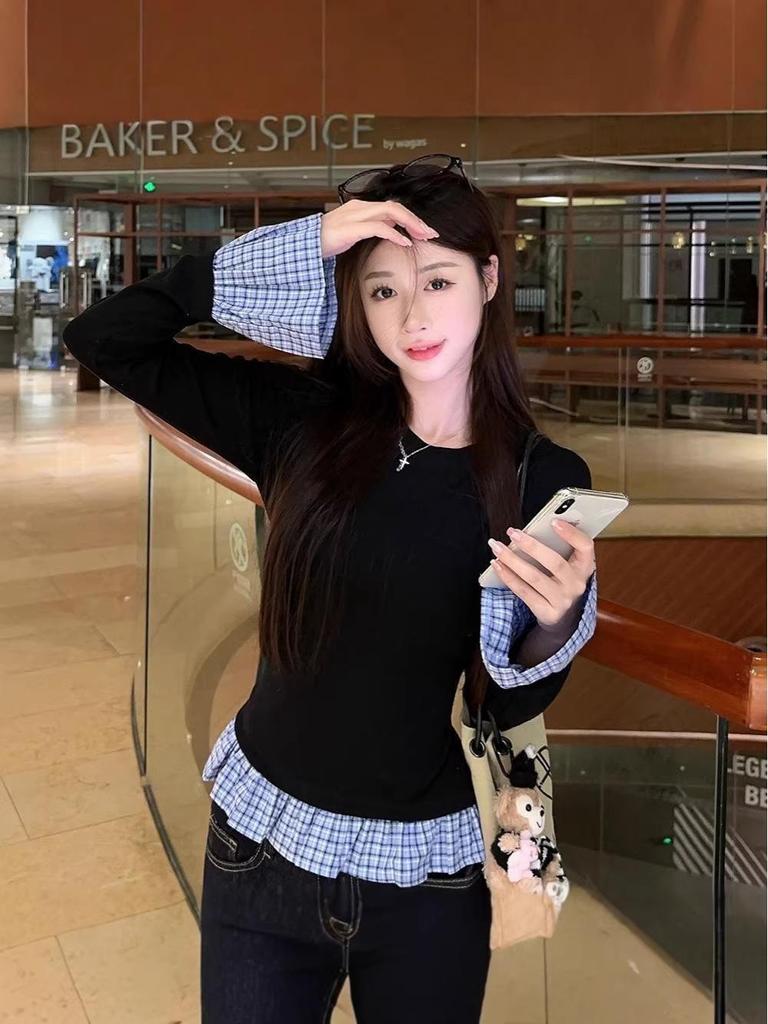 Korean Style Retro Two-Piece Plaid Patchwork Women's T-shirt for Autumn/Winter