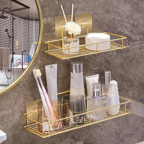 Bathroom Storage Rack with Hollow And Multi-Hook Design Basket Large Capacity Adhesive Installation Organizer for Home