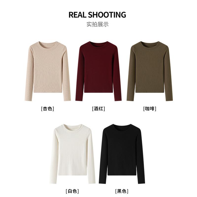 0 Wool Crew Neck Knitted Bottoming Shirt Women's Autumn and Winter Threaded Inner Slim-fitting Long-sleeved Shirt Top