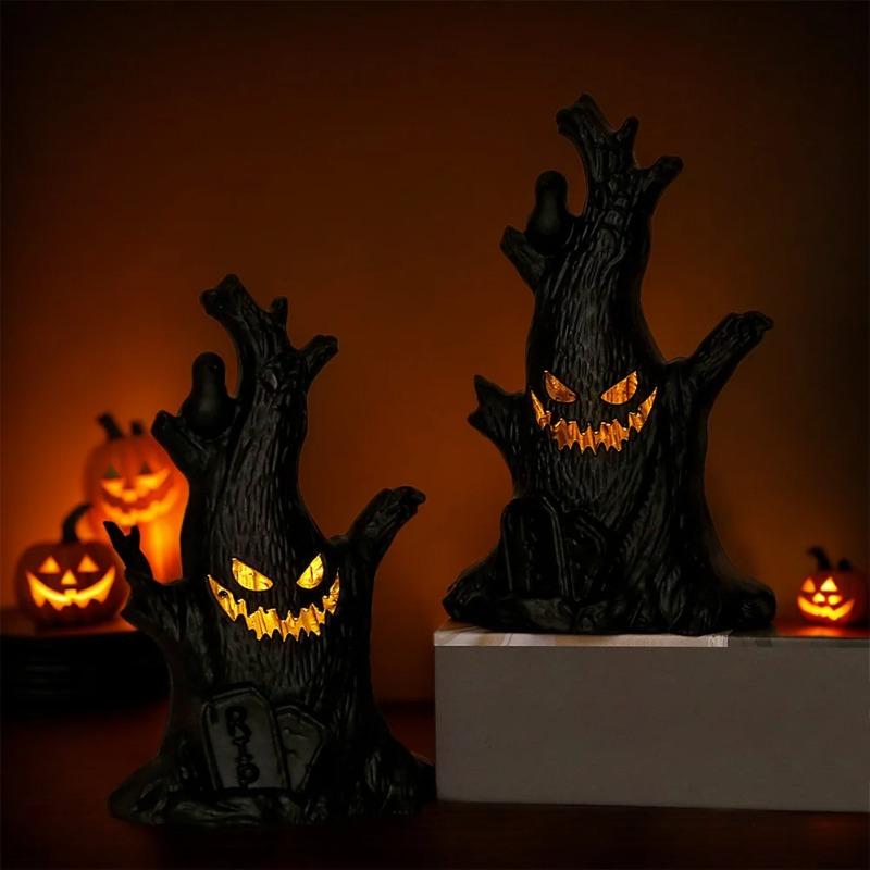 1-10PCS Halloween LED Ghost Face Tree Statue with BatterySpooky Tree Demon Statue Tabletop Bark Face Figurine for Indoor Outdoor
