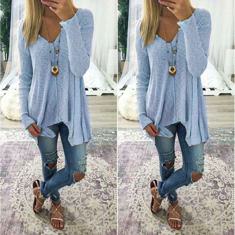 Elegant Plus Size Women Long Sleeve Loose Blouse With Baggy V Neck Tunic T Shirt