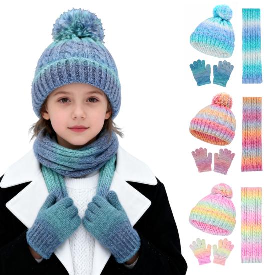 3 stk/sett Barn Lue Skjerf Hansker Sett Regnbuefarget Plysspompon Dekor Strikket Lue Vindtett Skjerf Hansker Sett Vintertilbehør