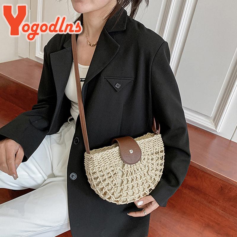 Yogodlns Summer Straw Bag For Women Semicircle Crossbody Bags Rattan Handmade Messenger Handbag Travel Beach Bags Tote