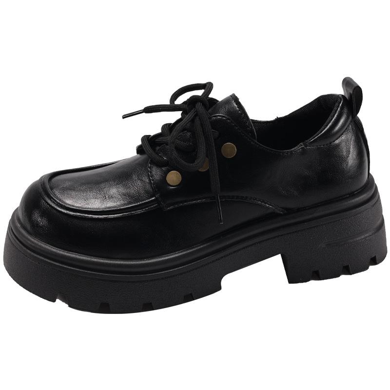 Fashion versatile round head lace-up autumn and winter new thick heel thick sole heightening small leather shoes