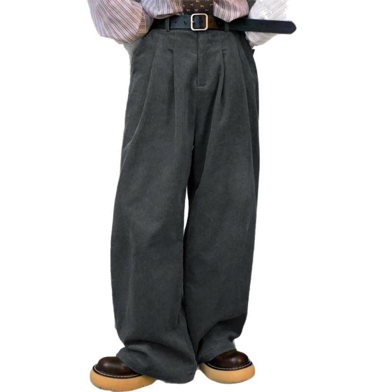 Men's Solid Color Corduroy Trousers Vintage Classic Ribbed Elastic Waist Micro-pleated Daily Pants
