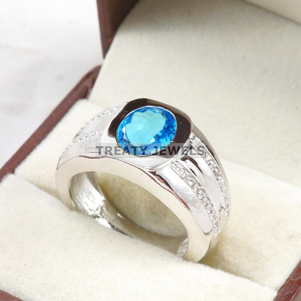 Blue Topaz Oval Cut Gemstone With 925 Sterling Silver Ring For Men's #A900 JL375669063883