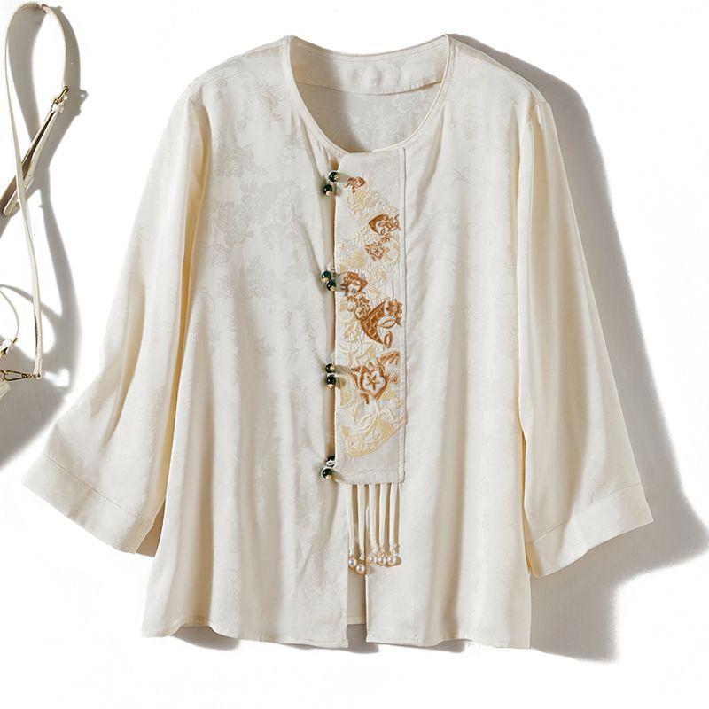 

Ethnic Style Poplin Cotton Shirt! Women s Spring and Summer Eight-Quarter Sleeve Jacquard Thin Embroidered Crew Neck Coat Sun Protection Strong Push Beige White L