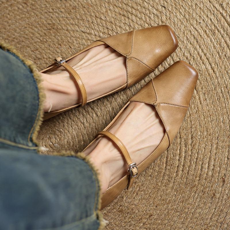 New Comfortable Beef Tendon Small Leather Shoes Low Heel One Pedal Four Seasons Wear Fashion Single Shoes Leather Large Size Shoes Flat Heel Square 
