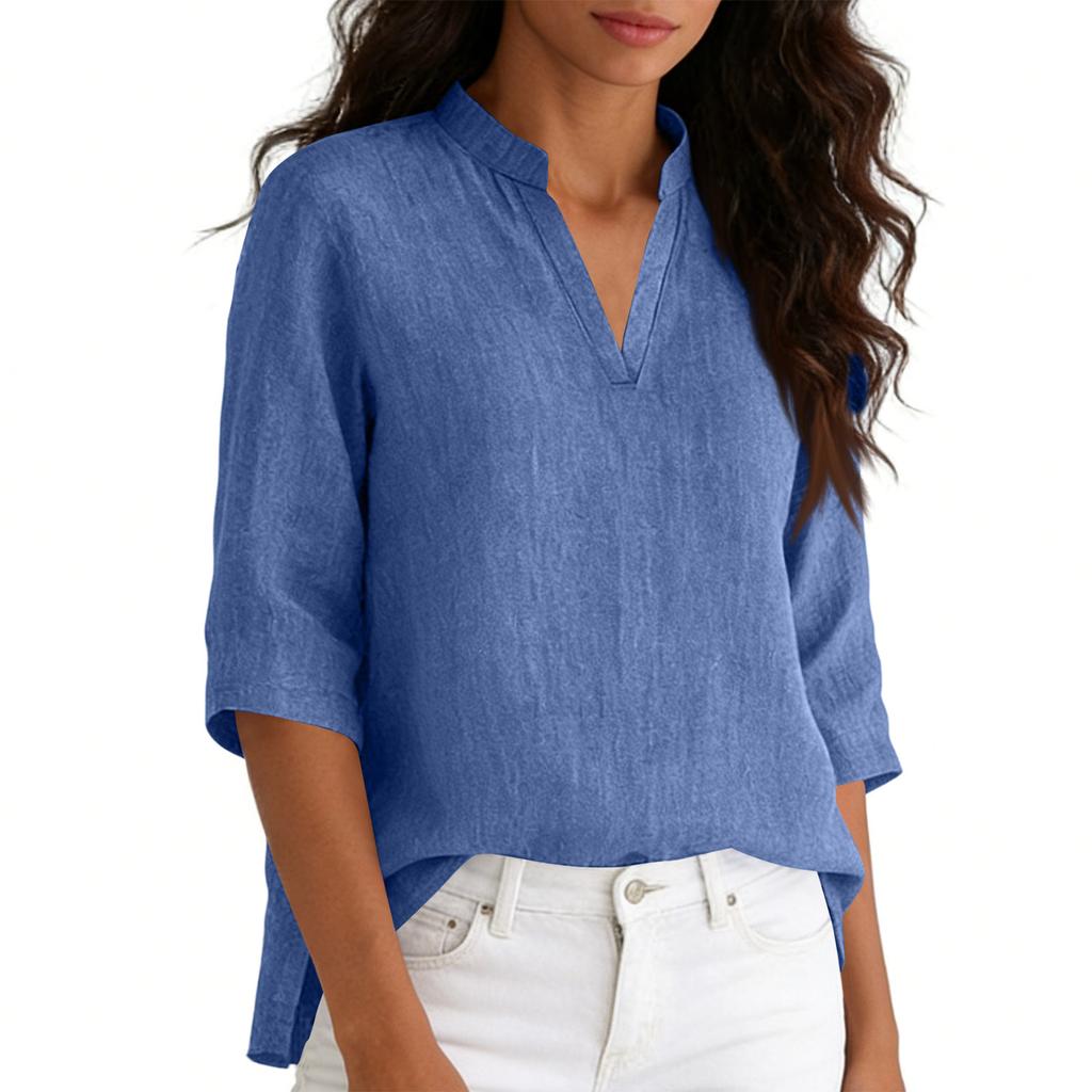 Women's Fashion Casual V,neck Cuff Cotton Linen Loose Casual Shirt