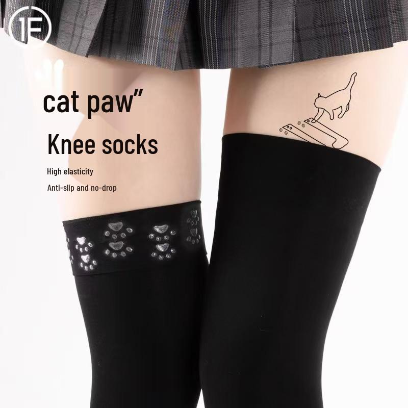 Black and White Cat Paw Over-the-Knee Non-Slip Women's High Socks for Spring and Summer