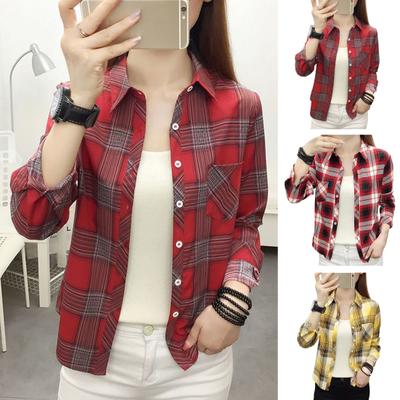 Camisa feminina lapela manga comprida camisa de um botão xadrez tops bolsos de remendo estilo impressão camisa casual casaco