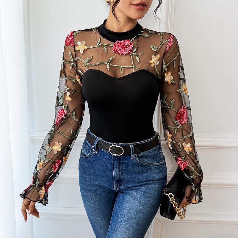 Autumn Lace Patchwork See-through Embroidered Bodysuit for Women