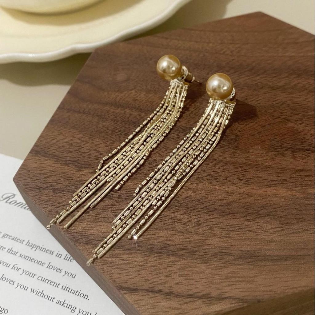 French Champagne Pearl Tassel Earrings: Versatile Retro Studs for Women