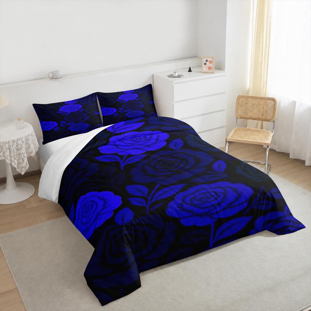 Dark Blue Rose Floral Bedding set (1 duvet cover, 2 pillowcases, duvet not included), Moody Navy Flower Pattern Botanical Art Print