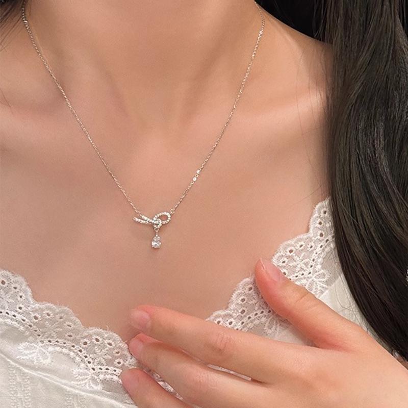 Sterling Silver Korean Knots Necklace Pendant for Women Jewelry Zircon Waterdrop Necklace Simple Wedding Party Gift Collar