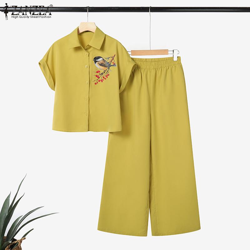 ZANZEA Women Short Sleeve Print Blouse and Pants Casual Two Piece Suit Sets