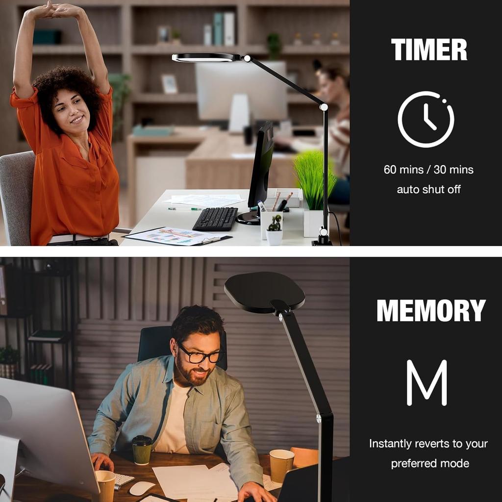 Led Desk Lamps for Home Office, Eye-Care Architect Light with Clamp, Dimmable Zoom Lighting with 3 Color Modes & 10 Brightness, Smart Computer Ring