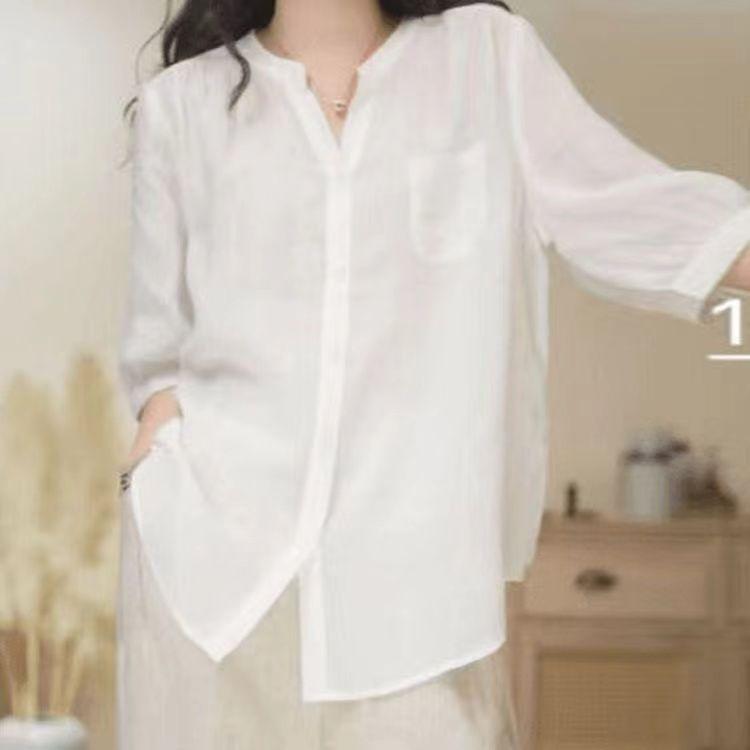 Summer Solid Color V-neck Shirt for Women Mid Sleeved Western-style Shirt for Women
