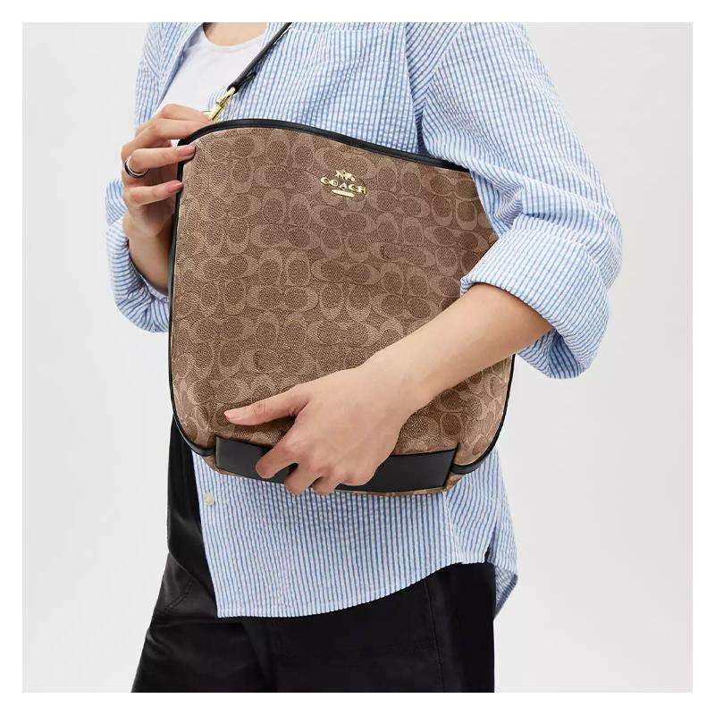 Coach City Bucket 35 Presbyopia All-over Metal Logo Signature Coated Canvas Bucket Bag Crossbody Handle Shoulder Bag Large Women's Tan and Black