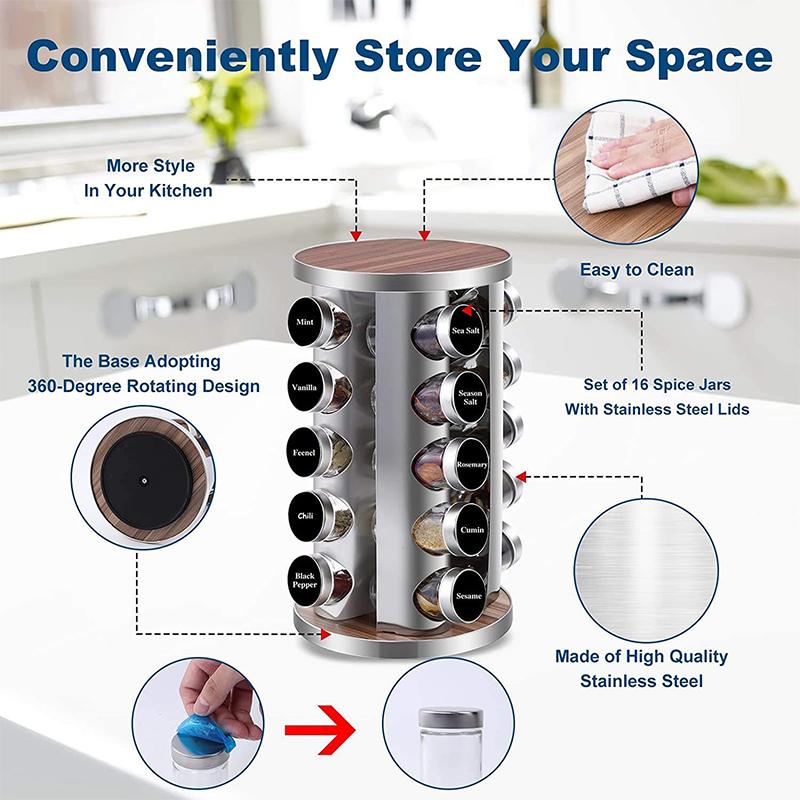 12/16/20 Jars Kitchen Seasoning Storage Organizer Stainless Steel Spice Rack 360° Rotating Carousel Spice Jar Storage Rack