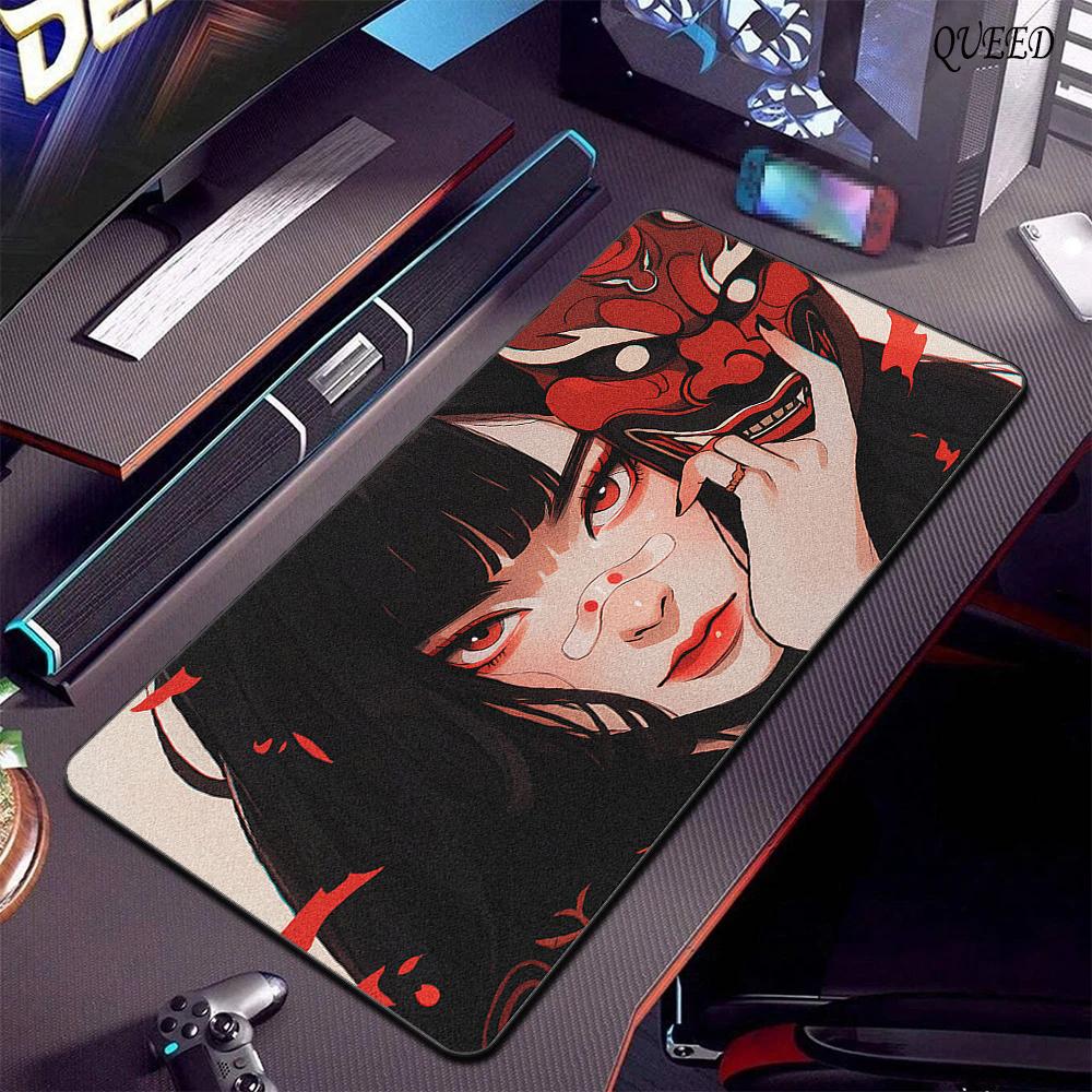 900x400mm Locking Edge Mousepad Oni Mask HD Print Keyboard Mousepad Anime Girls Large Gaming Mouse Mat Rubber Non-slip Desk Pad