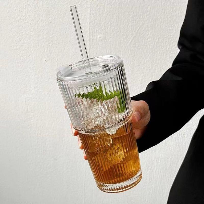 Stripe Glass Cup Transparent Glasses With Lid and Straw Ice Coffee Mug Tea Cup Juice Glass Milk Water Cup Drinkware Wholesale 1pcs