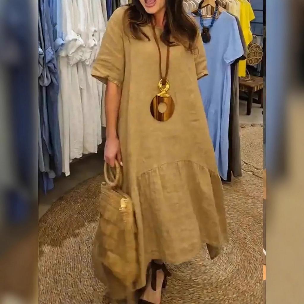 Women's Fashion Color Dress Round Neck Short Sleeve Casual Loose Ruffled Dress